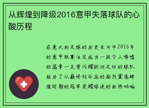从辉煌到降级2016意甲失落球队的心酸历程